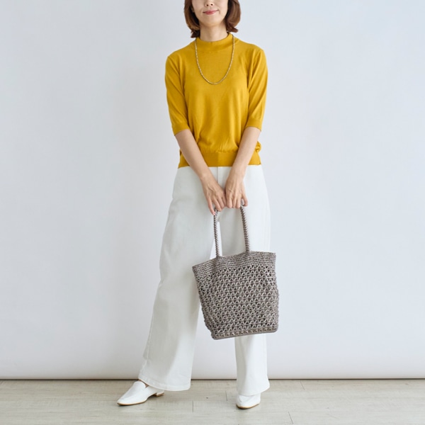 ハイツイストニットハイネック五分袖Tシャツ