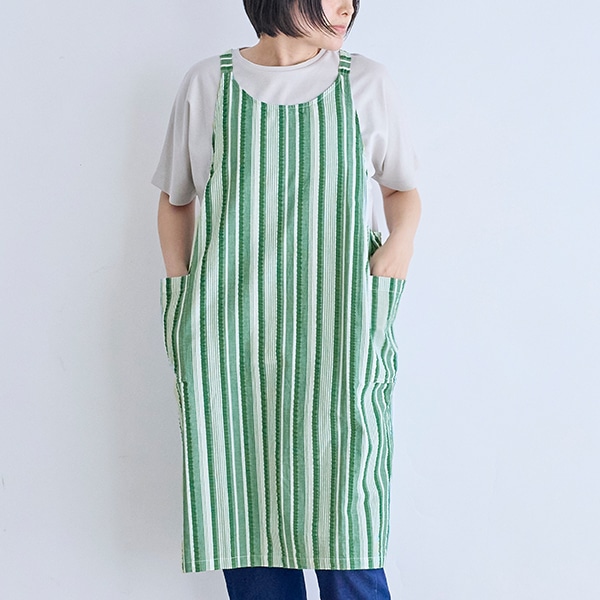 ランダムストライプY字型エプロン グリーン
