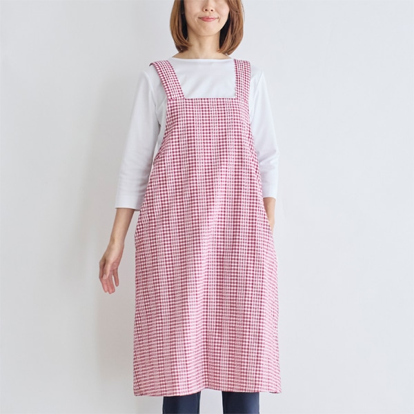 サッカーチェックチュニックエプロン レッド