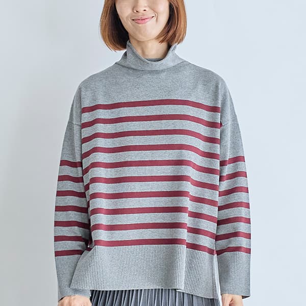 コットンニットボーダータートルネックプルオーバー