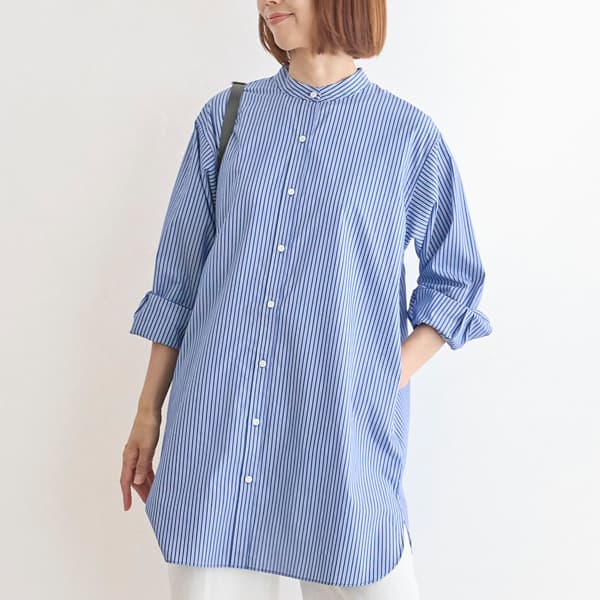ストライプバンドカラーロングシャツ