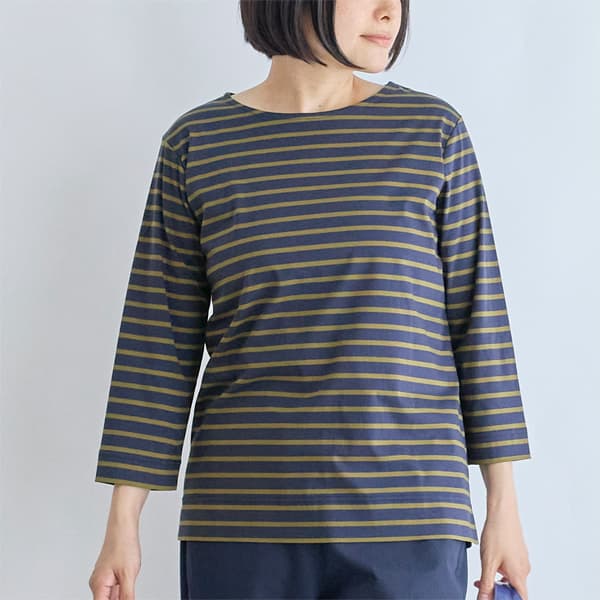 シルケットコットンスムースボーダー七分袖Tシャツ