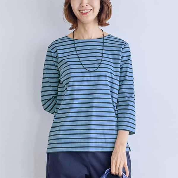 シルケットコットンスムースボーダー七分袖Tシャツ