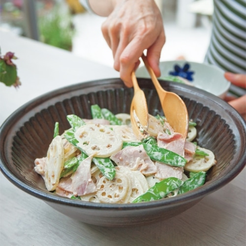 れんこんとハム、絹さやのサラダ