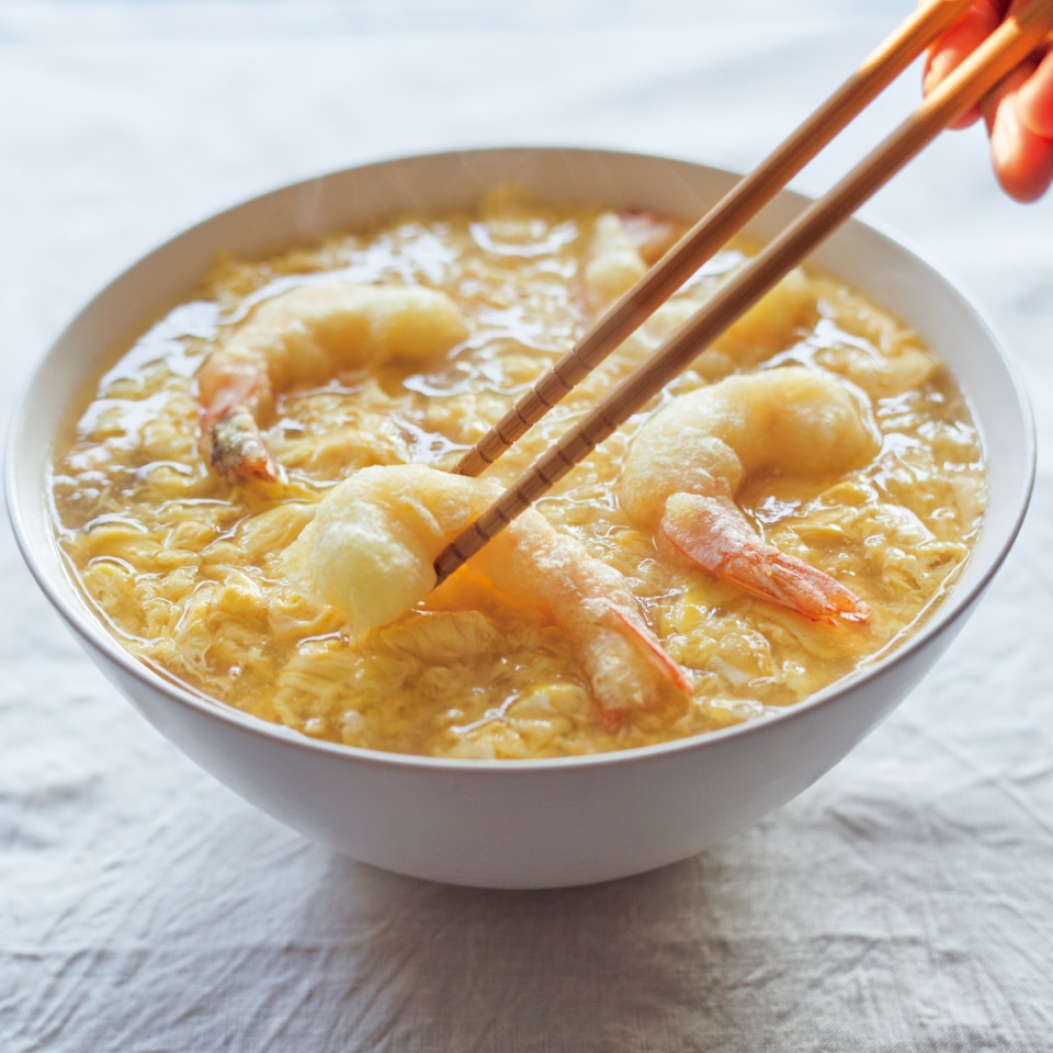 小エビの天ぷら、卵とじうどん